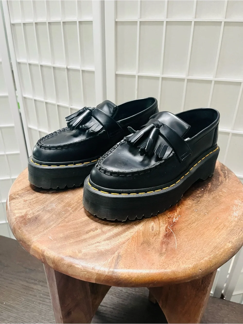 Dr. Martens Black Tassel Platform Loafers with Yellow Stitching